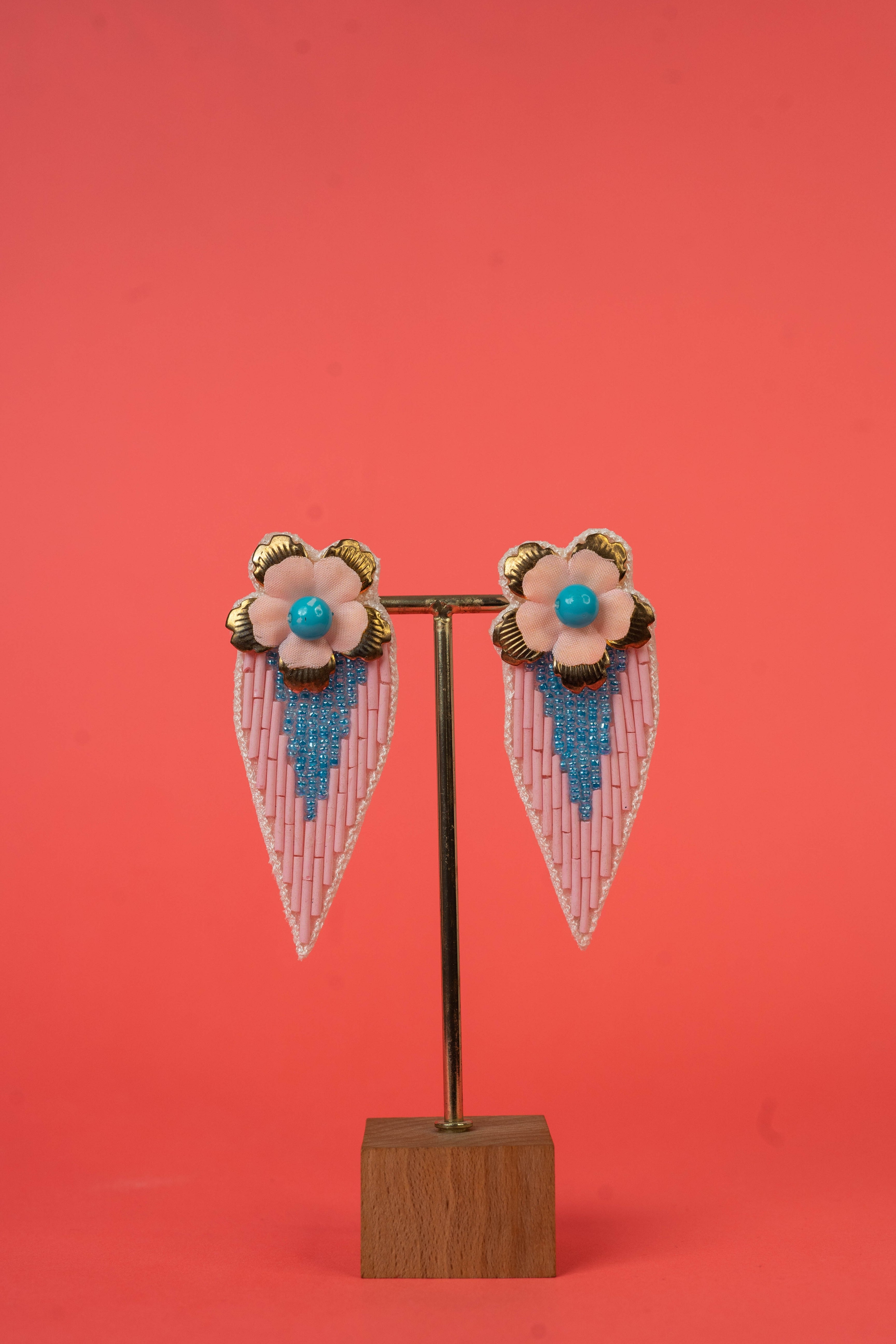 Blue And Pink Geometric Beaded Handcrafted Earrings